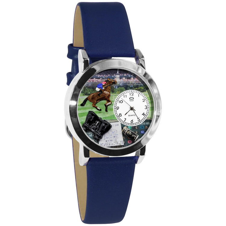 Whimsical Gifts | Horse Racing 3D Watch Small Style | Handmade in USA | Hobbies & Special Interests | Casino | Gaming | Game Night | Novelty Unique Fun Miniatures Gift | Silver Finish Blue Leather Watch Band