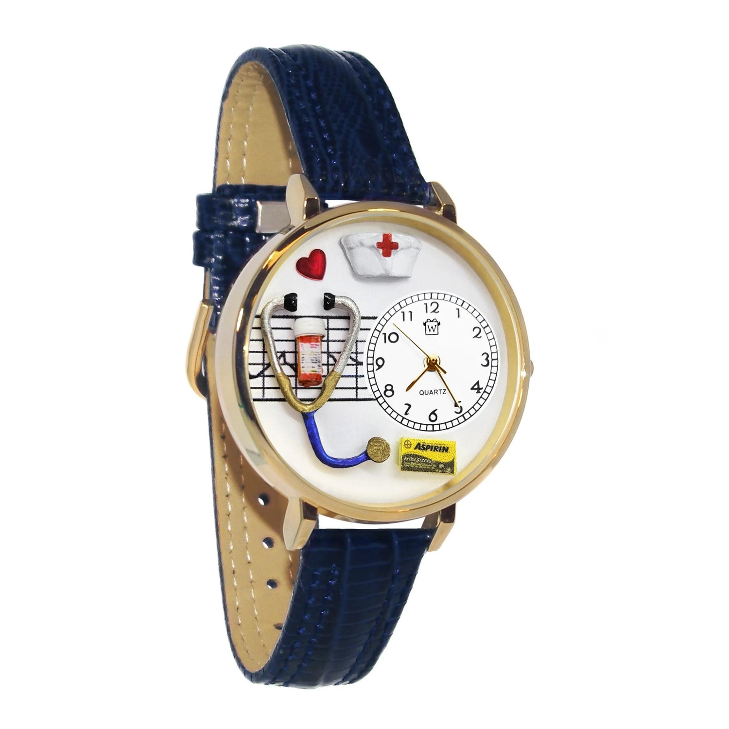 Whimsical Gifts | Nurse Red Cross 3D Watch Large Style | Handmade in USA | Professions Themed | Nurse | Novelty Unique Fun Miniatures Gift | Gold Finish Navy Blue Leather Watch Band