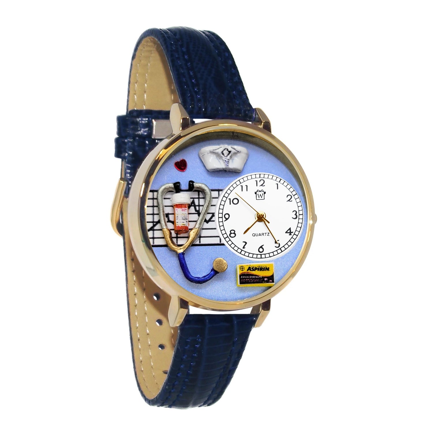 Whimsical Gifts | Nurse Blue 3D Watch Large Style | Handmade in USA | Professions Themed | Nurse | Novelty Unique Fun Miniatures Gift | Gold Finish Navy Leather Watch Band