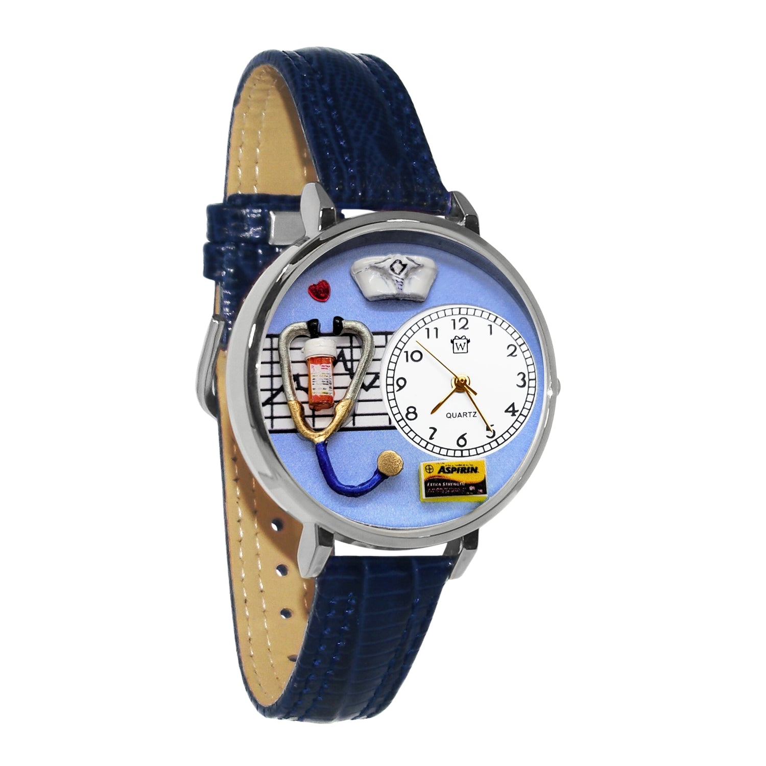 Whimsical Gifts | Nurse Blue 3D Watch Large Style | Handmade in USA | Professions Themed | Nurse | Novelty Unique Fun Miniatures Gift | Silver Finish Navy Leather Watch Band