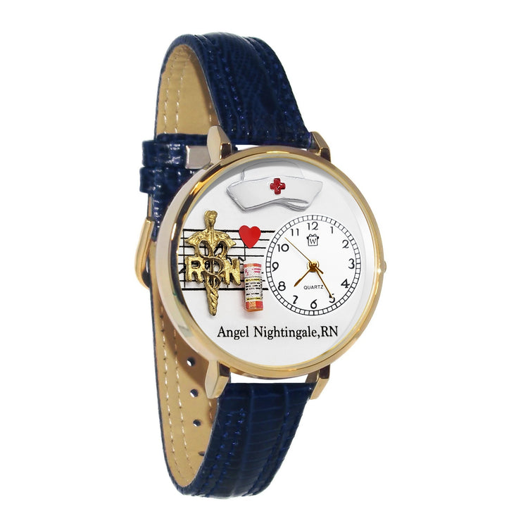 Whimsical Gifts | Personalized Nurse RN 3D Watch Large Style | Handmade in USA | Professions Themed | Nurse | Novelty Unique Fun Miniatures Gift | Gold Finish Navy Leather Watch Band