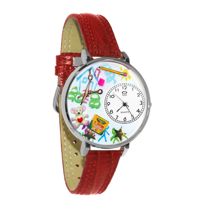Whimsical Gifts | Preschool Teacher 3D Watch Large Style | Handmade in USA | Professions Themed | Teacher | Novelty Unique Fun Miniatures Gift | Silver Finish Red Leather Watch Band