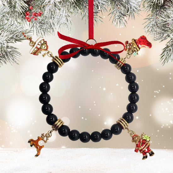 Christmas Genuine Onyx Charm Bracelet | Handmade in USA | 4 Hand-Painted Charms