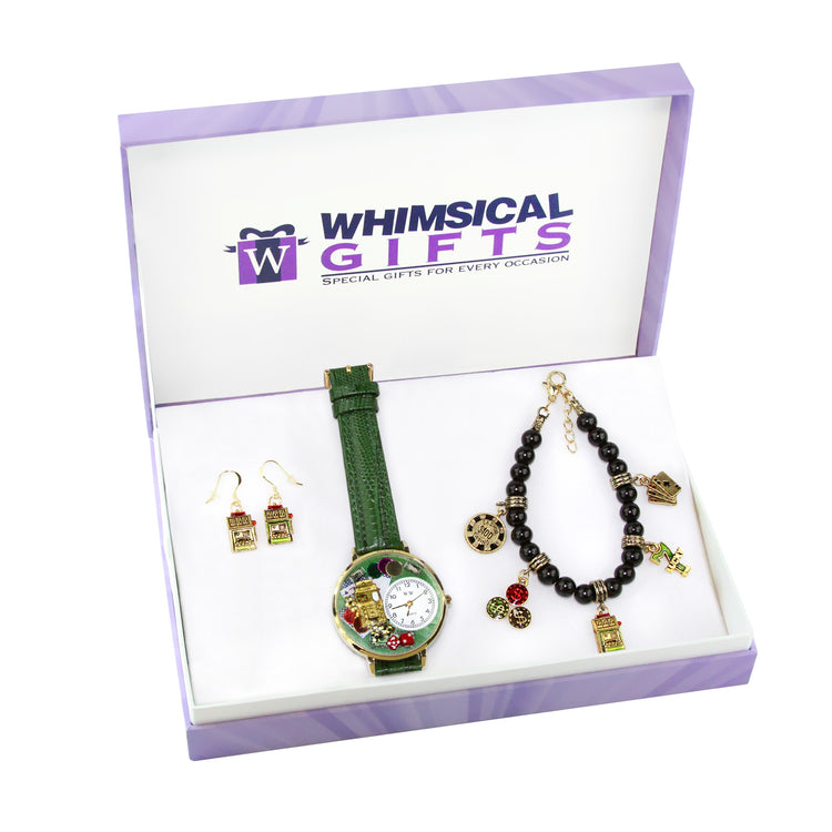 Whimsical Gifts | Casino Watch-Earrings-Bracelet 3 Piece Jewelry Gift Set in Gold Finish | Hobbies & Special Interests | Casino | Gaming | Game NightJewelry