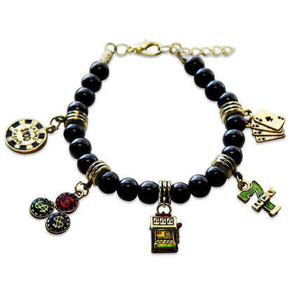 Whimsical Gifts | Casino Charm Bracelet | Black Glass Beaded Bracelet in Antique Gold Finish | Hobbies & Special Interests | Casino | Gaming | Game Night Jewelry
