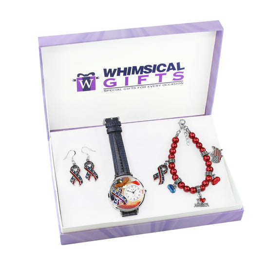 Whimsical Gifts | American Patriotic Watch-Earrings-Bracelet 3 Piece Jewelry Gift Set in Silver Finish | Patriotic | Jewelry
