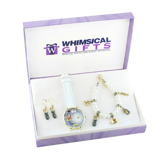 Whimsical Gifts | Nurse Watch-Earrings-Bracelet 3 Piece Jewelry Gift Set in Gold Finish | Professions Themed | NurseJewelry