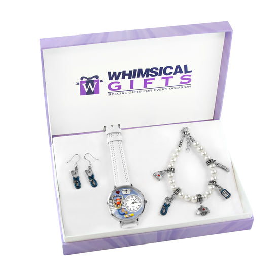 Whimsical Gifts | Nurse Watch-Earrings-Bracelet 3 Piece Jewelry Gift Set in Silver Finish | Professions Themed | NurseJewelry