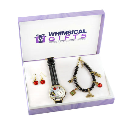 Whimsical Gifts | Teacher Watch-Earrings-Bracelet 3 Piece Jewelry Gift Set in Gold Finish | Professions Themed | TeacherJewelry
