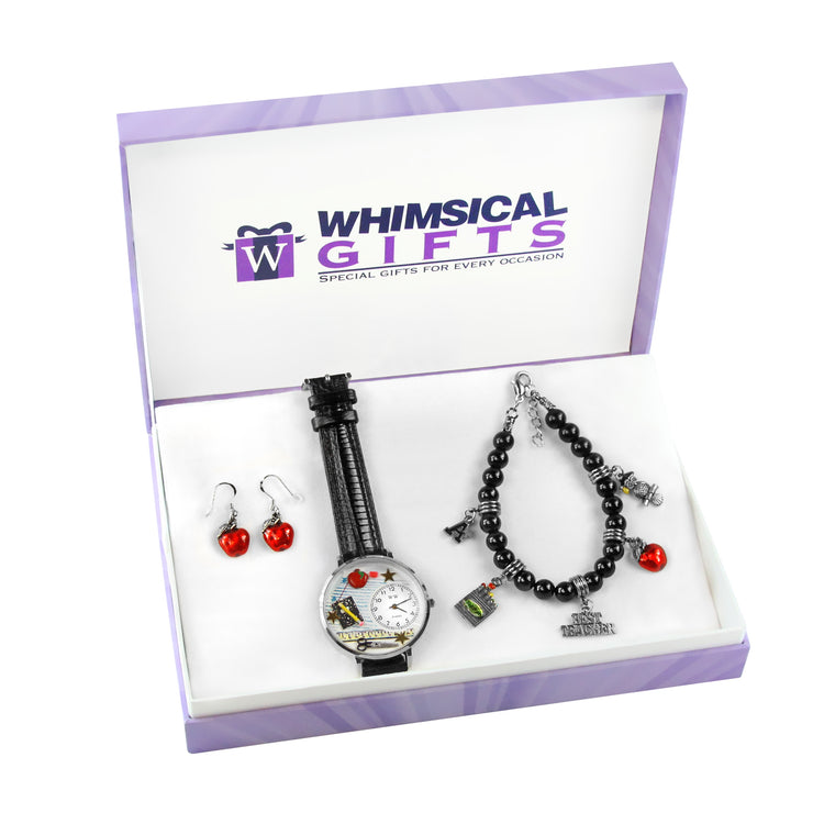 Whimsical Gifts | Teacher Watch-Earrings-Bracelet 3 Piece Jewelry Gift Set in Silver Finish | Professions Themed | TeacherJewelry