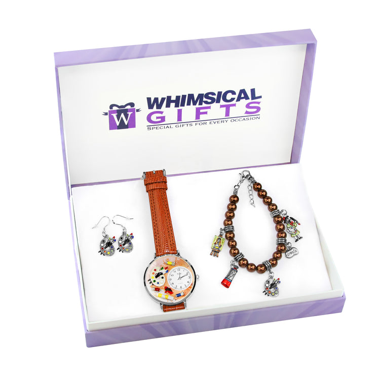 Whimsical Gifts | Artist Watch-Earrings-Bracelet 3 Piece Jewelry Gift Set in Silver Finish | Artist | Jewelry
