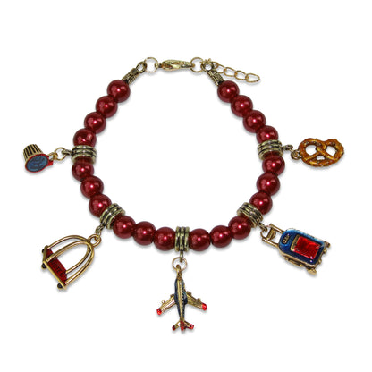 Whimsical Gifts | Flight Attendant Charm Bracelet | Red Glass Beaded Bracelet in Antique Gold Finish | Professions Themed | Flight Attendant | Traveler Jewelry