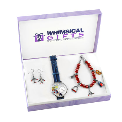 Whimsical Gifts | Flight Attendant Watch-Earrings-Bracelet 3 Piece Jewelry Gift Set in Silver Finish | Professions Themed | Flight Attendant | TravelerJewelry