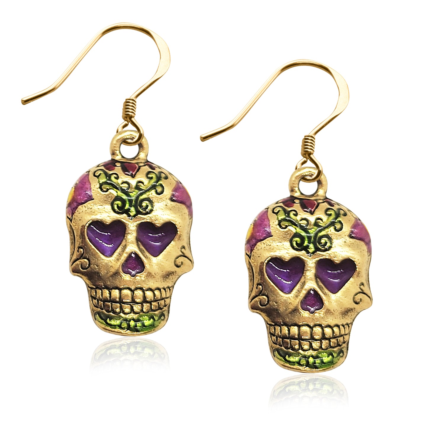 Whimsical Gifts | Day of the Dead | Dia De Los Muertos | Skull Charm Earrings in Gold Finish | Holiday & Seasonal Themed | Other Holidays | Jewelry
