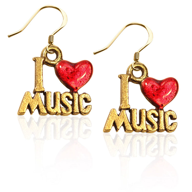 Whimsical Gifts | I Love Music Charm Earrings in Gold Finish | Hobbies & Special Interests | Music | Jewelry