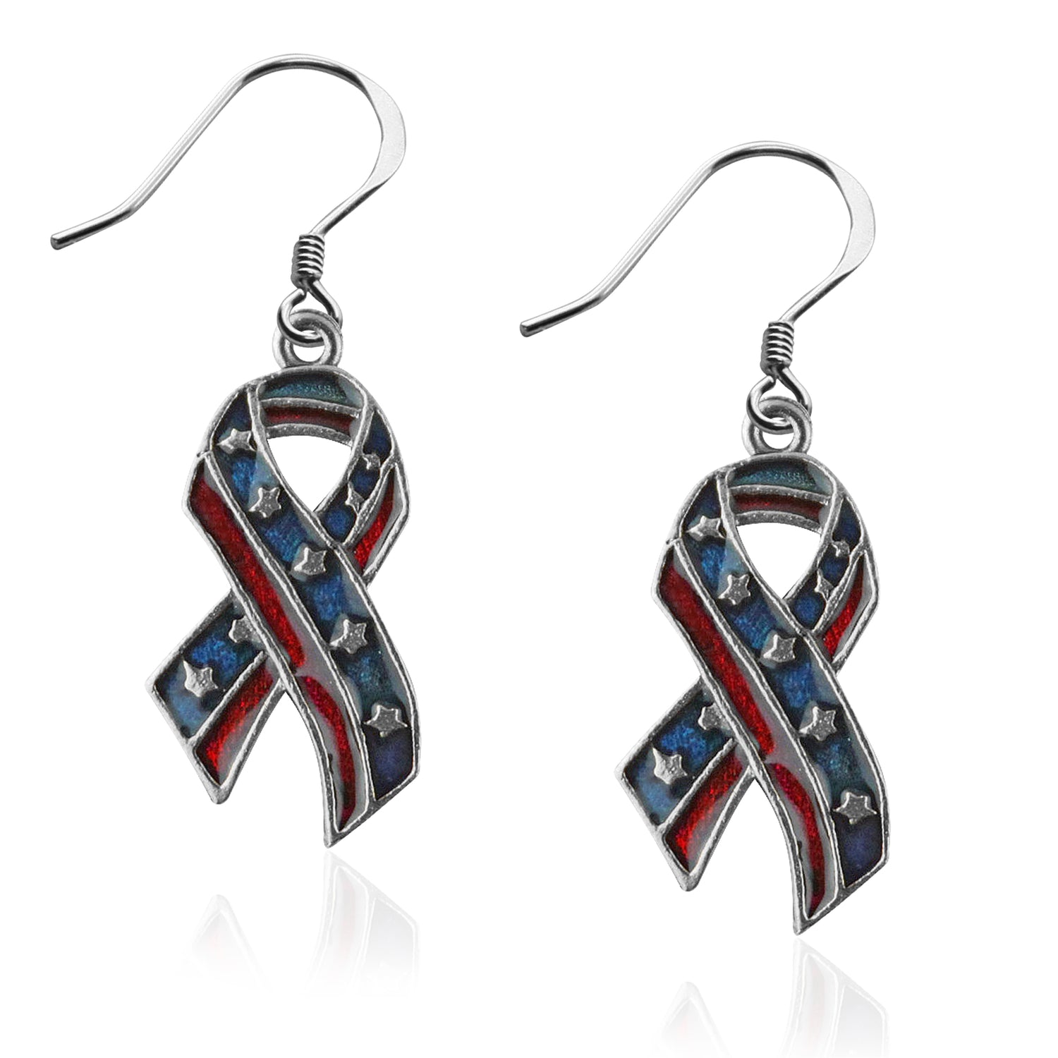 Whimsical Gifts | Patriotic Stars and Stripes Ribbon Charm Earrings in Silver Finish | Patriotic |  | Jewelry