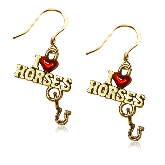 Whimsical Gifts | I Love Horses Charm Earrings in Gold Finish | Animal Lover | Horse & Equestrian | Jewelry