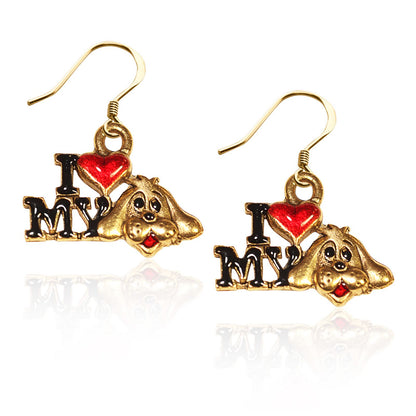Whimsical Gifts | I Love My Dog Charm Earrings in Gold Finish | Animal Lover | Dog Lover | Jewelry