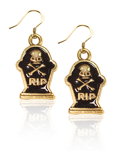 Whimsical Gifts | Halloween Tombstone with Skull Charm Earrings in Gold Finish | Holiday & Seasonal Themed | Halloween | Jewelry