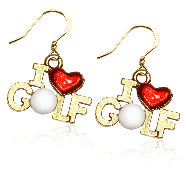 Whimsical Gifts | I Love Golf Charm Earrings in Gold Finish | Hobbies & Special Interests | Sports | Jewelry