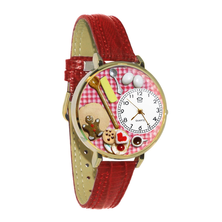 Whimsical Gifts | Baking Cookies 3D Watch Large Style | Handmade in USA | Hobbies & Special Interests | Chef | Cooking | Baking | Novelty Unique Fun Miniatures Gift | Gold Finish Red Leather Watch Band