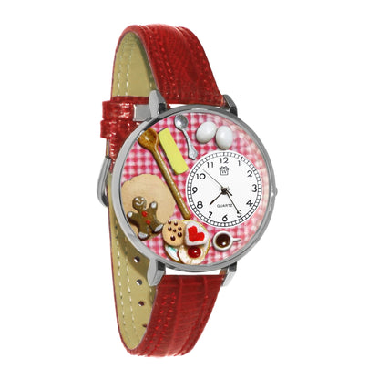 Whimsical Gifts | Baking Cookies 3D Watch Large Style | Handmade in USA | Hobbies & Special Interests | Chef | Cooking | Baking | Novelty Unique Fun Miniatures Gift | Silver Finish Red Leather Watch Band