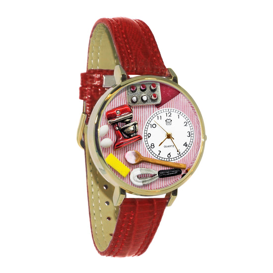 Whimsical Gifts | Baking Mixer Cupcake 3D Watch Large Style | Handmade in USA | Hobbies & Special Interests | Chef | Cooking | Baking | Novelty Unique Fun Miniatures Gift | Gold Finish Red Leather Watch Band