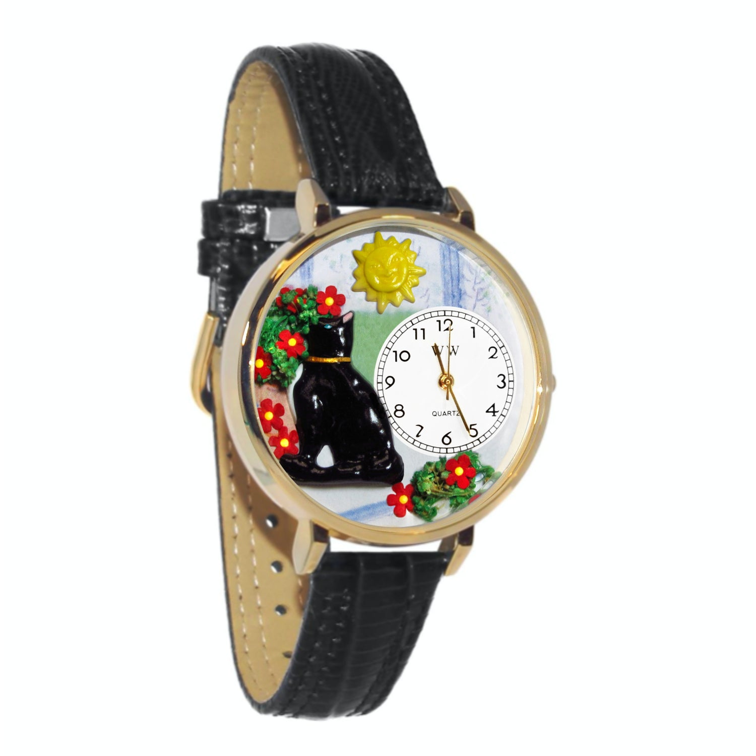 Whimsical Gifts | Basking Cat 3D Watch Large Style | Handmade in USA | Animal Lover | Cat Lover | Novelty Unique Fun Miniatures Gift | Gold Finish Black Leather Watch Band