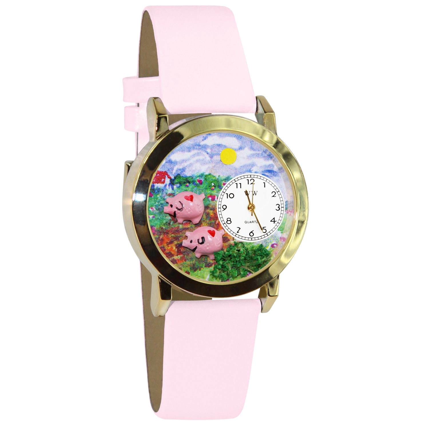 Whimsical Gifts | Pigs 3D Watch Small Style | Handmade in USA | Animal Lover | Farm Animal | Novelty Unique Fun Miniatures Gift | Gold Finish Pink Leather Watch Band