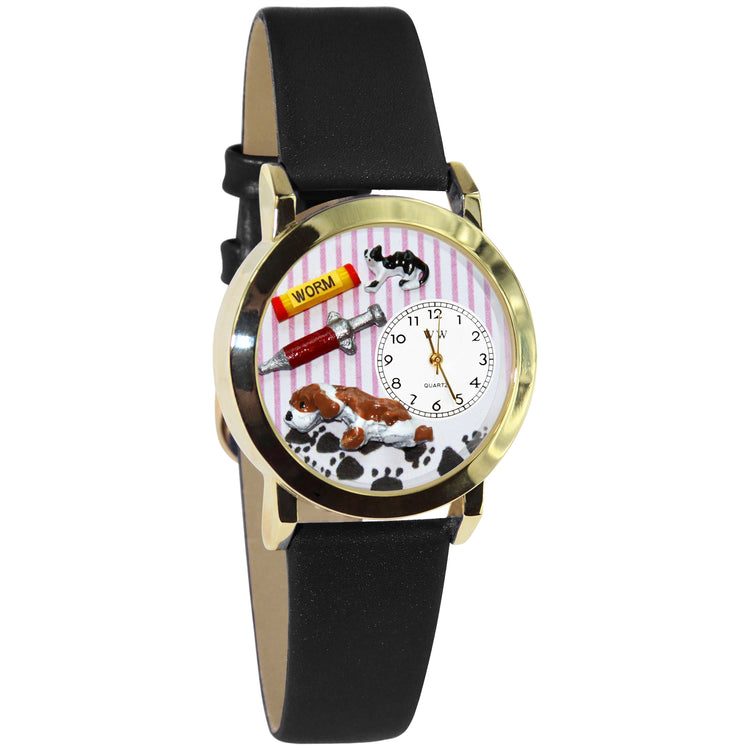 Whimsical Gifts | Veterinarian 3D Watch Small Style | Handmade in USA | Professions Themed | Pet & Animal Professions | Novelty Unique Fun Miniatures Gift | Gold Finish Black Leather Watch Band