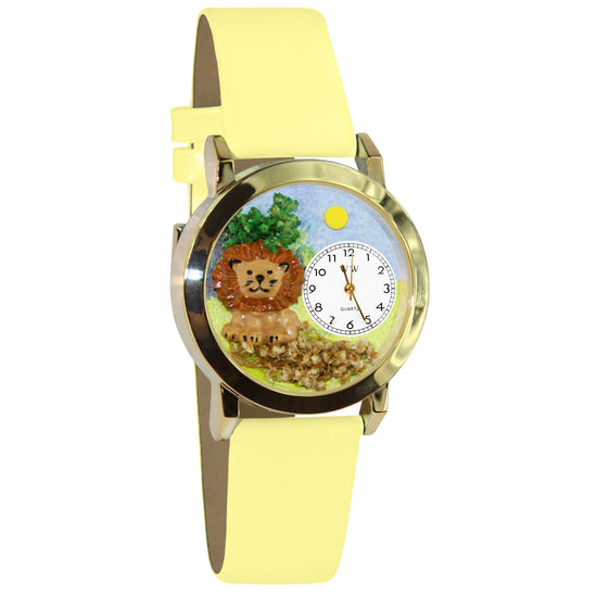 Whimsical Gifts | Lion 3D Watch Small Style | Handmade in USA | Animal Lover | Zoo & Sealife | Novelty Unique Fun Miniatures Gift | Gold Finish Yellow Leather Watch Band