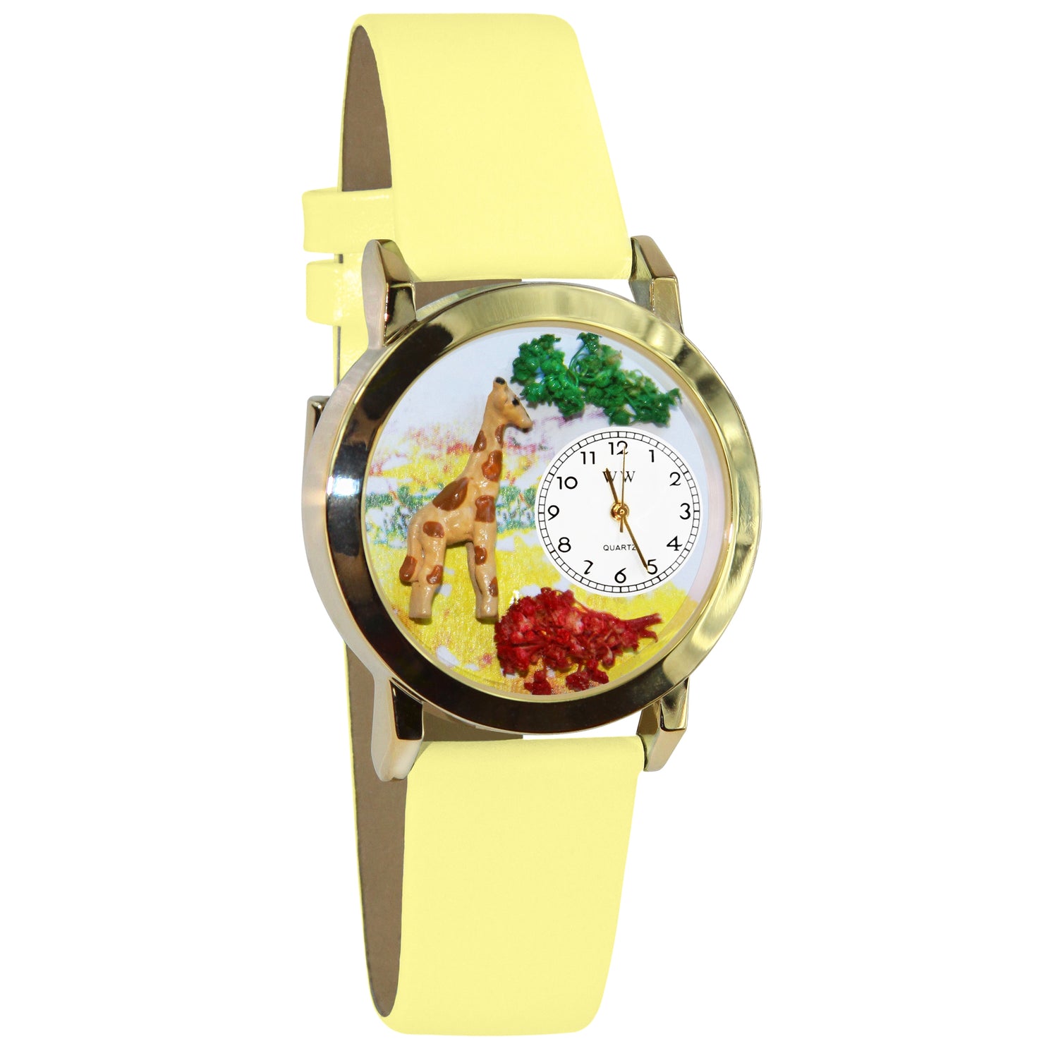 Whimsical Gifts | Giraffe 3D Watch Small Style | Handmade in USA | Animal Lover | Zoo & Sealife | Novelty Unique Fun Miniatures Gift | Gold Finish Yellow Leather Watch Band