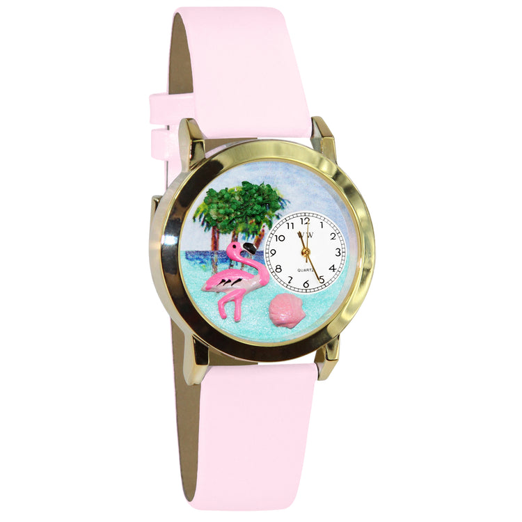 Whimsical Gifts | Flamingo 3D Watch Small Style | Handmade in USA | Holiday & Seasonal Themed | Spring & Summer Fun | Novelty Unique Fun Miniatures Gift | Gold Finish Pink Leather Watch Band
