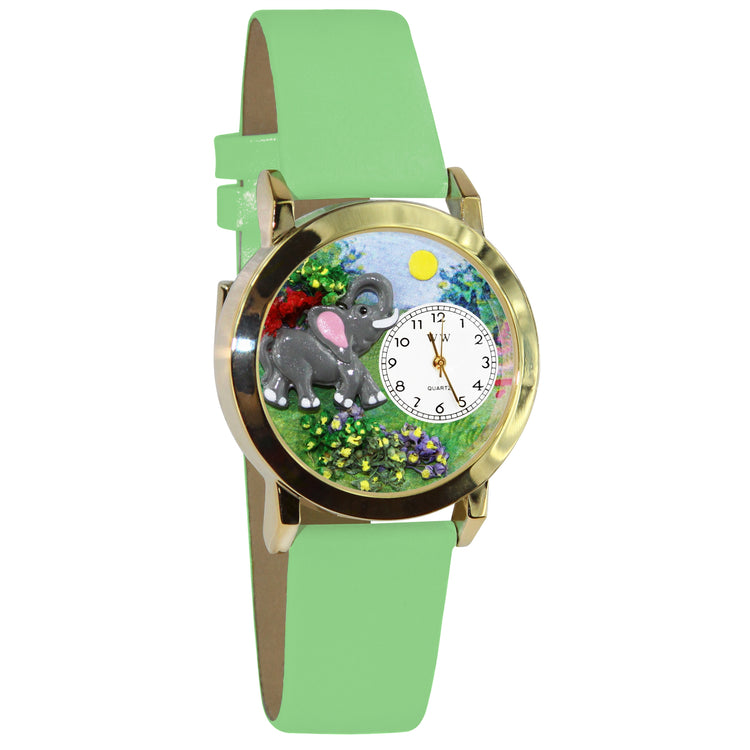 Whimsical Gifts | Elephant 3D Watch Small Style | Handmade in USA | Animal Lover | Zoo & Sealife | Novelty Unique Fun Miniatures Gift | Gold Finish Green Leather Watch Band