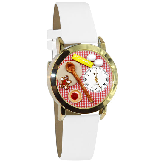 Whimsical Gifts | Baking Cookies 3D Watch Small Style | Handmade in USA | Hobbies & Special Interests | Chef | Cooking | Baking | Novelty Unique Fun Miniatures Gift | Gold Finish White Leather Watch Band