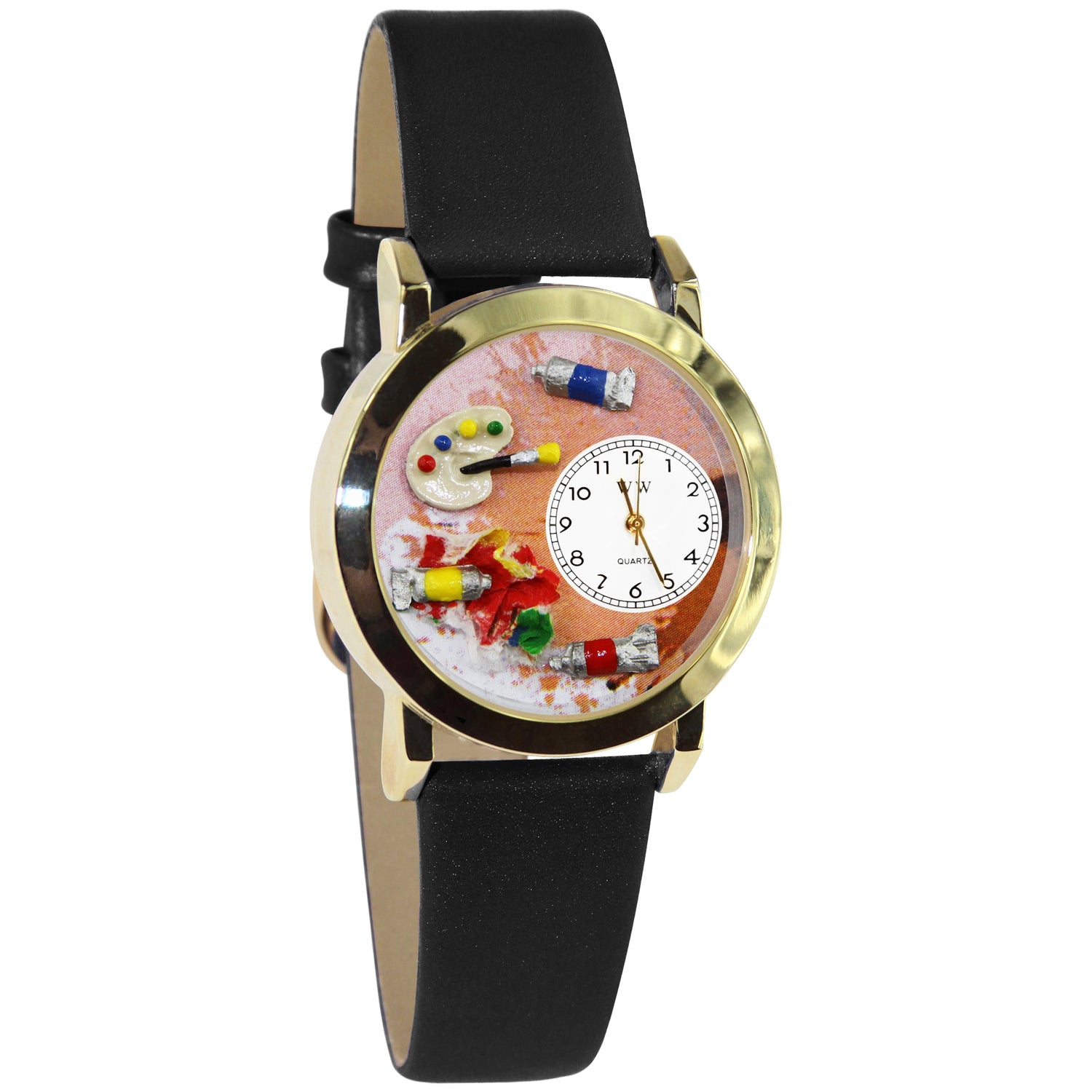 Whimsical Gifts | Artist Palette 3D Watch Small Style | Handmade in USA | Artist |  | Novelty Unique Fun Miniatures Gift | Gold Finish Black Leather Watch Band