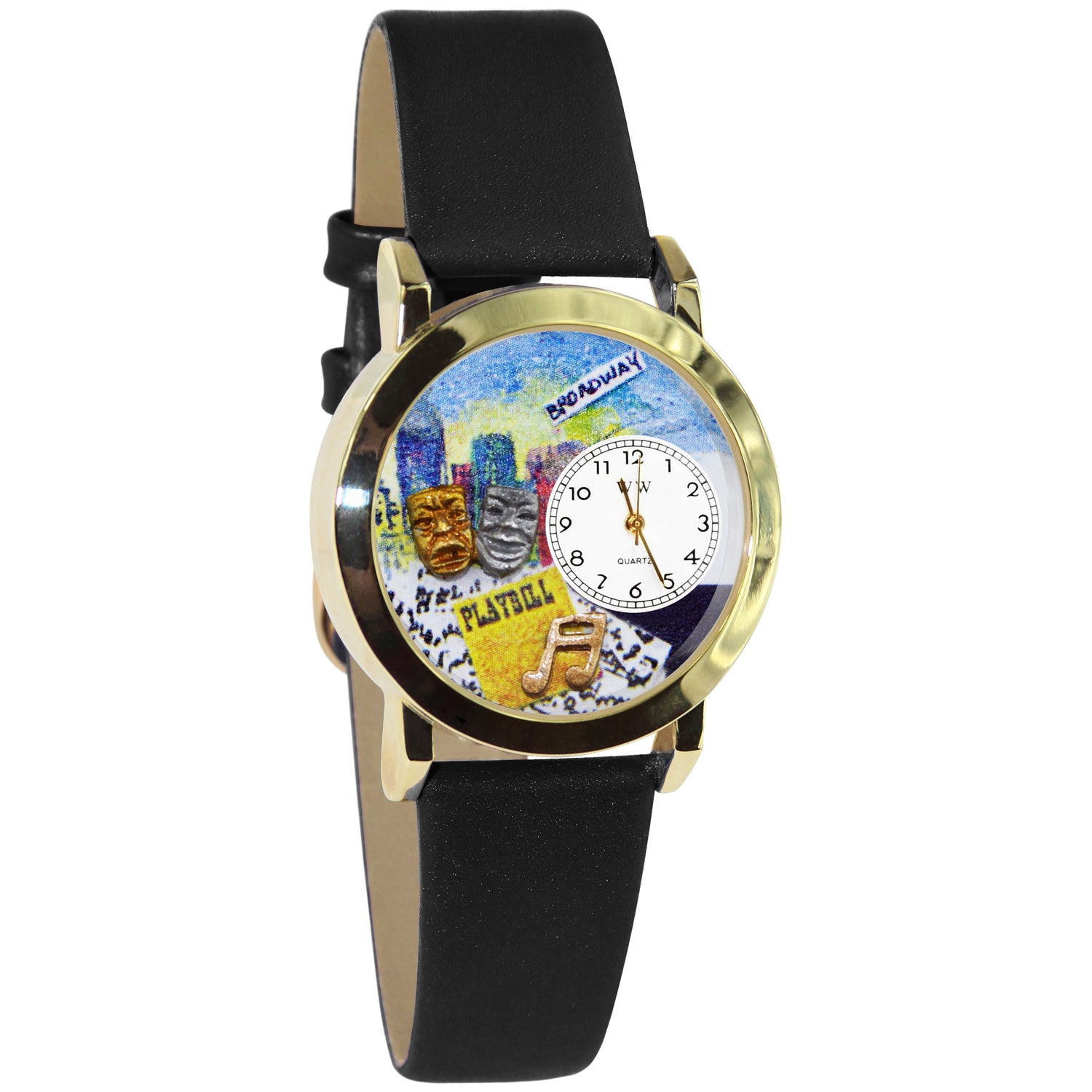 Whimsical Gifts | Drama Theater 3D Watch Small Style | Handmade in USA | Hobbies & Special Interests | Arts & Performance | Novelty Unique Fun Miniatures Gift | Gold Finish Black Leather Watch Band