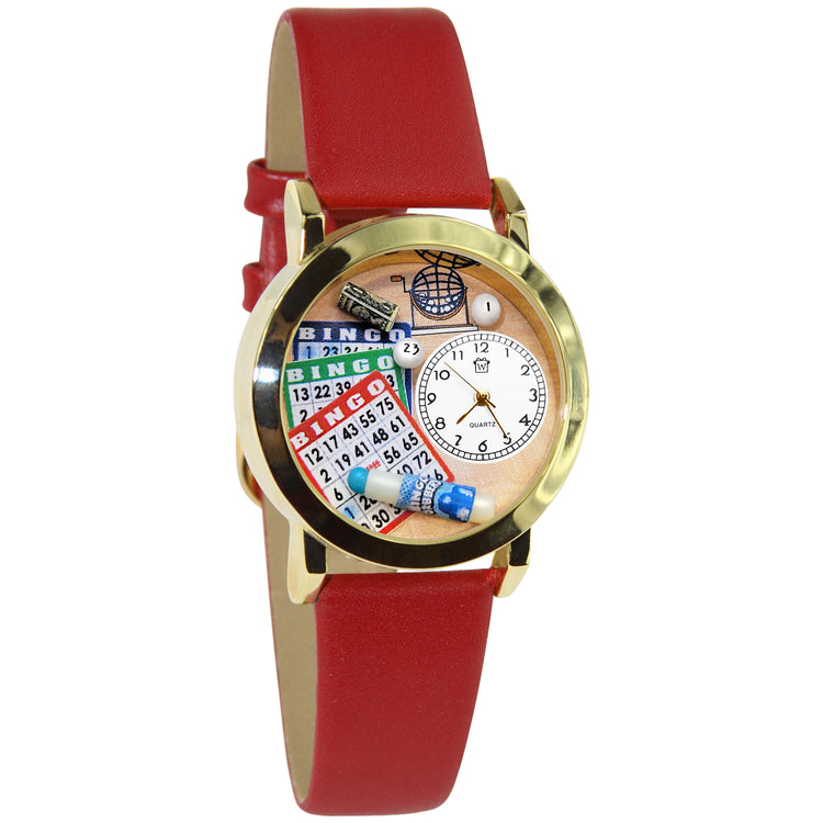 Whimsical Gifts | Bingo 3D Watch Small Style | Handmade in USA | Hobbies & Special Interests | Casino | Gaming | Game Night | Novelty Unique Fun Miniatures Gift | Gold Finish Red Leather Watch Band