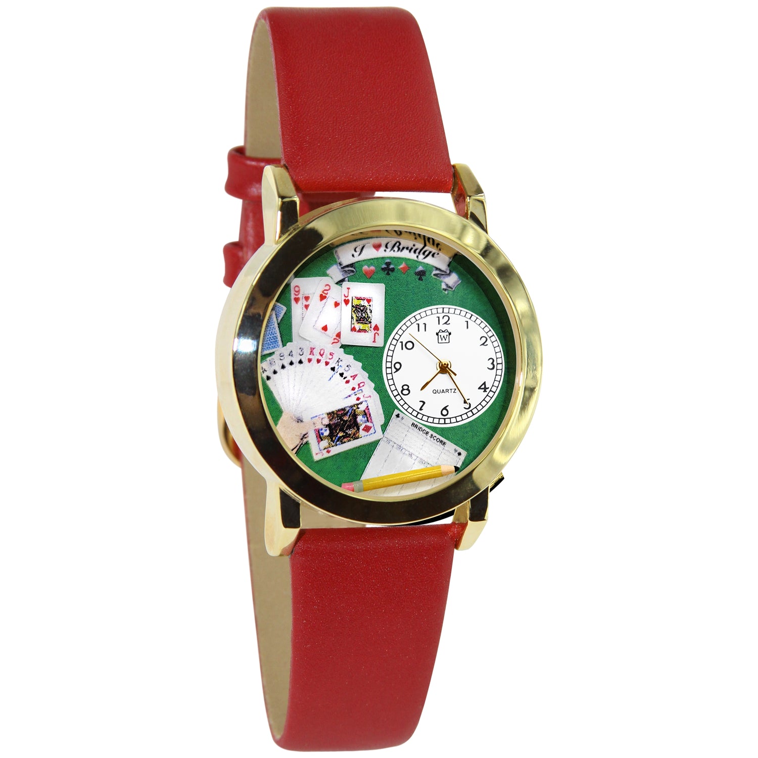 Whimsical Gifts | Bridge 3D Watch Small Style | Handmade in USA | Hobbies & Special Interests | Casino | Gaming | Game Night | Novelty Unique Fun Miniatures Gift | Gold Finish Red Leather Watch Band
