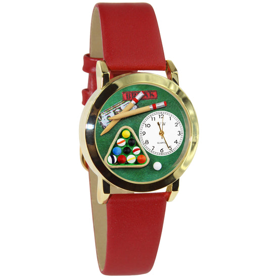 Whimsical Gifts | Billiards 3D Watch Small Style | Handmade in USA | Hobbies & Special Interests | Casino | Gaming | Game Night | Novelty Unique Fun Miniatures Gift | Gold Finish Red Leather Watch Band