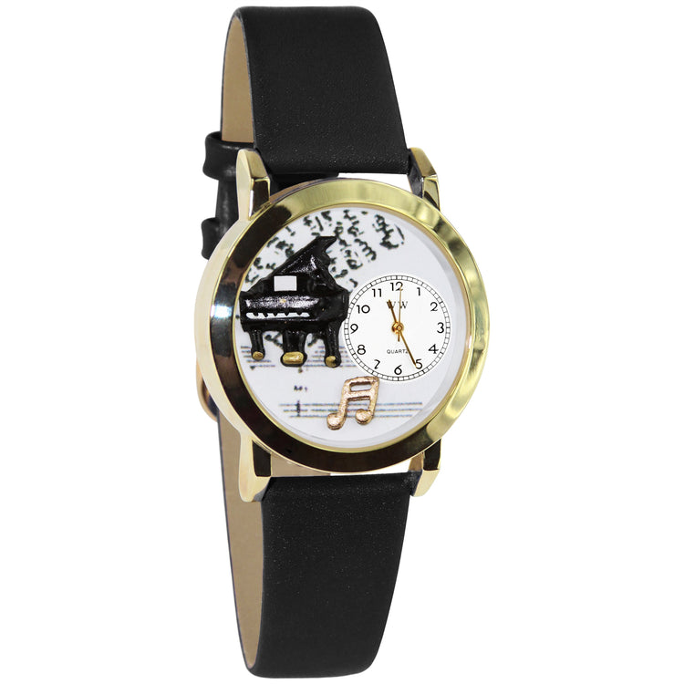 Whimsical Gifts | Music Piano 3D Watch Small Style | Handmade in USA | Hobbies & Special Interests | Music | Novelty Unique Fun Miniatures Gift | Gold Finish Black Leather Watch Band