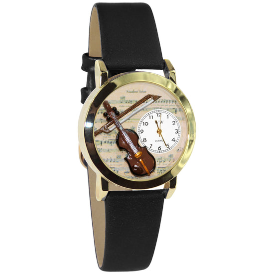 Whimsical Gifts | Violin 3D Watch Small Style | Handmade in USA | Hobbies & Special Interests | Music | Novelty Unique Fun Miniatures Gift | Gold Finish Black Leather Watch Band