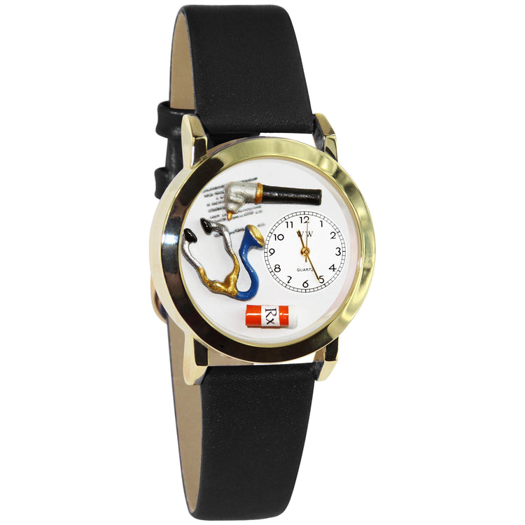 Whimsical Gifts | Doctor 3D Watch Small Style | Handmade in USA | Professions Themed | Medical Professions | Novelty Unique Fun Miniatures Gift | Gold Finish Black Leather Watch Band