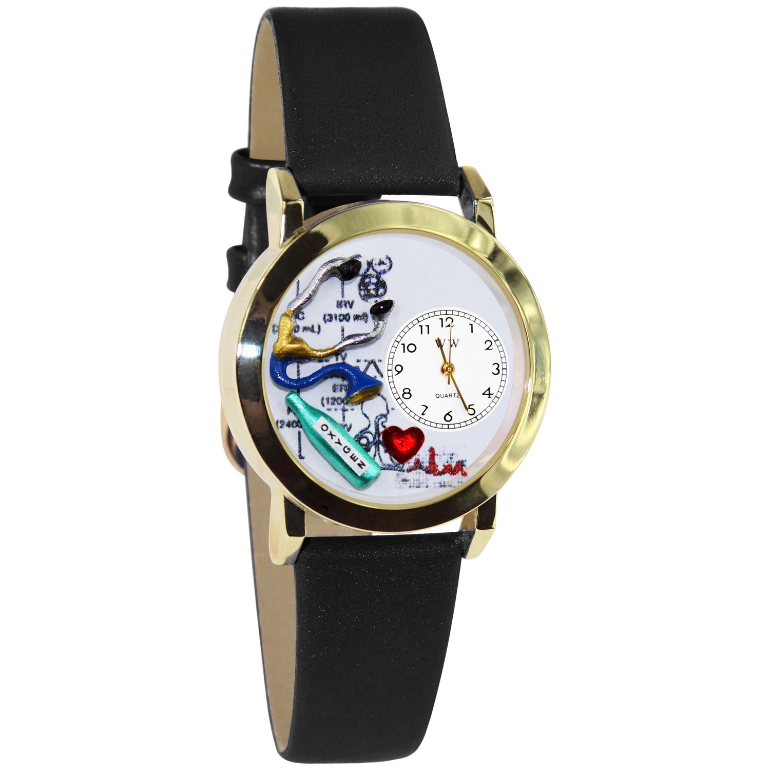 Whimsical Gifts | Respiratory Therapist 3D Watch Small Style | Handmade in USA | Professions Themed | Medical Professions | Novelty Unique Fun Miniatures Gift | Gold Finish Black Leather Watch Band