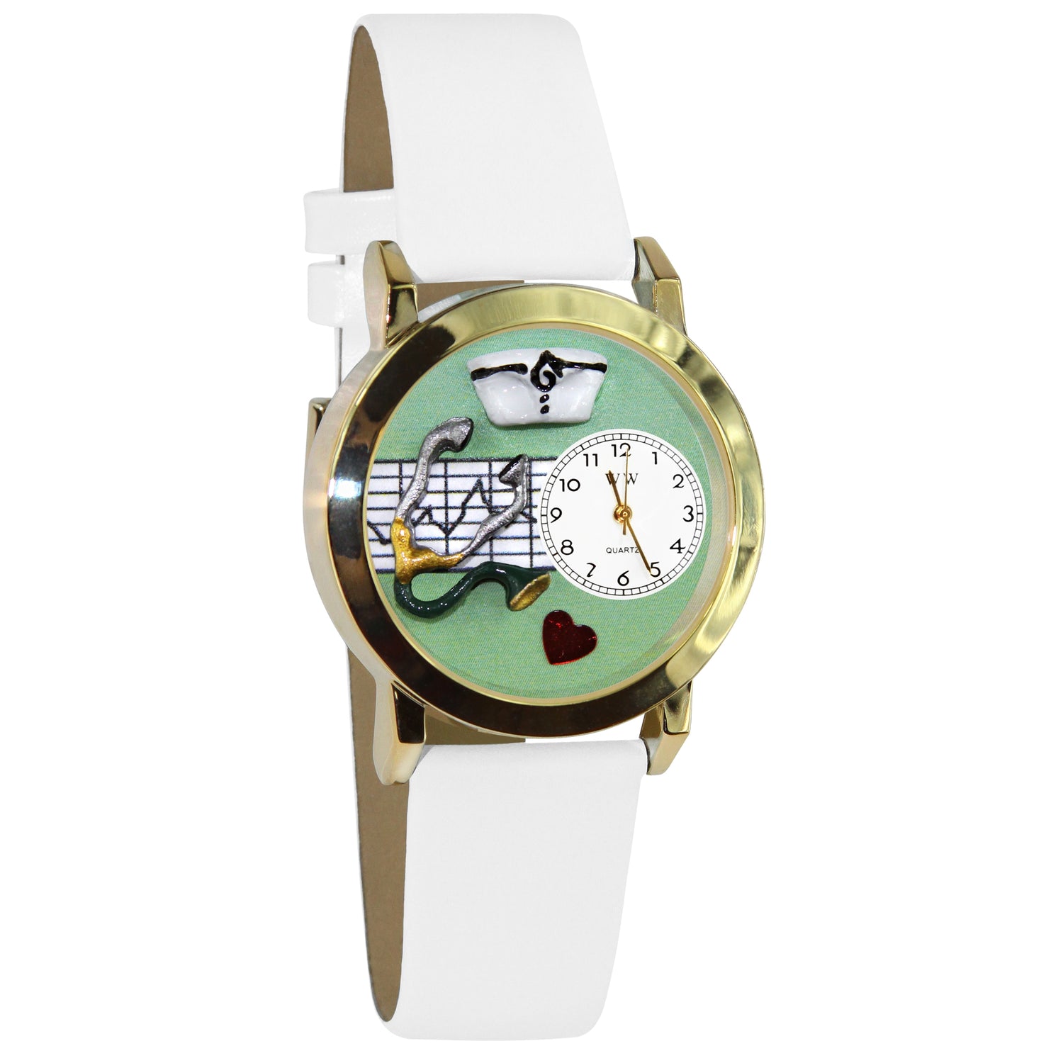 Whimsical Gifts | Nurse Green 3D Watch Small Style | Handmade in USA | Professions Themed | Nurse | Novelty Unique Fun Miniatures Gift | Gold Finish White Leather Watch Band