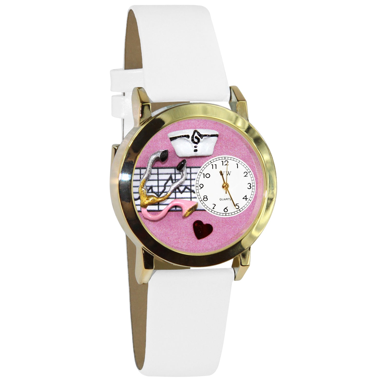 Whimsical Gifts | Nurse Pink 3D Watch Small Style | Handmade in USA | Professions Themed | Nurse | Novelty Unique Fun Miniatures Gift | Gold Finish White Leather Watch Band