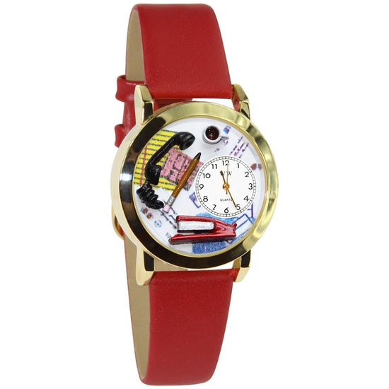 Whimsical Gifts | Administrative Professional 3D Watch Small Style | Handmade in USA | Professions Themed | Business & Legal | Novelty Unique Fun Miniatures Gift | Gold Finish Red Leather Watch Band