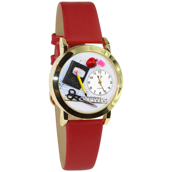 Whimsical Gifts | Teacher Classic 3D Watch Small Style | Handmade in USA | Professions Themed | Teacher | Novelty Unique Fun Miniatures Gift | Gold Finish Red Leather Watch Band
