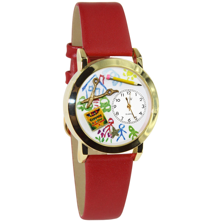 Whimsical Gifts | Preschool Teacher 3D Watch Small Style | Handmade in USA | Professions Themed | Teacher | Novelty Unique Fun Miniatures Gift | Gold Finish Red Leather Watch Band