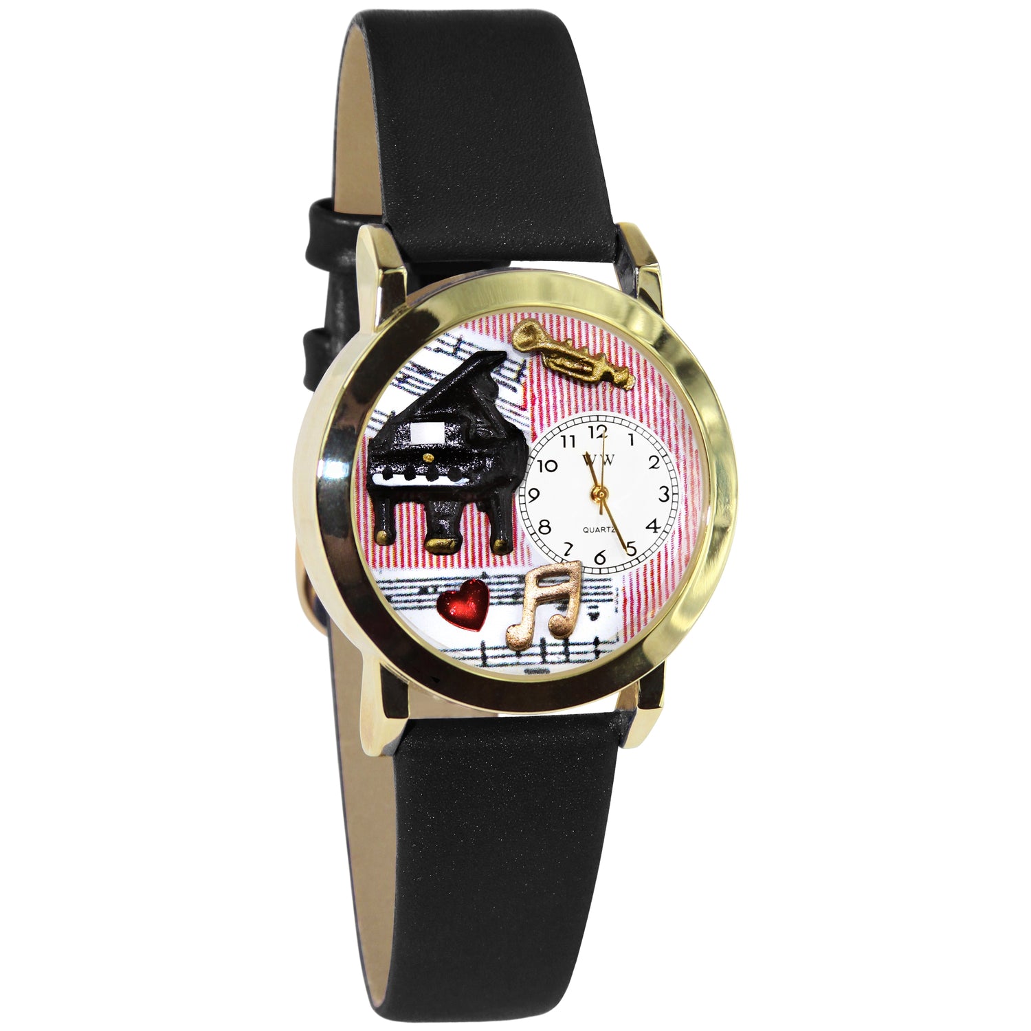 Whimsical Gifts | Music Teacher 3D Watch Small Style | Handmade in USA | Professions Themed | Teacher | Novelty Unique Fun Miniatures Gift | Gold Finish Black Leather Watch Band